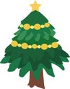 Green Christmas tree decorated with yellow garlands, vector drawing Royalty Free Stock Photo